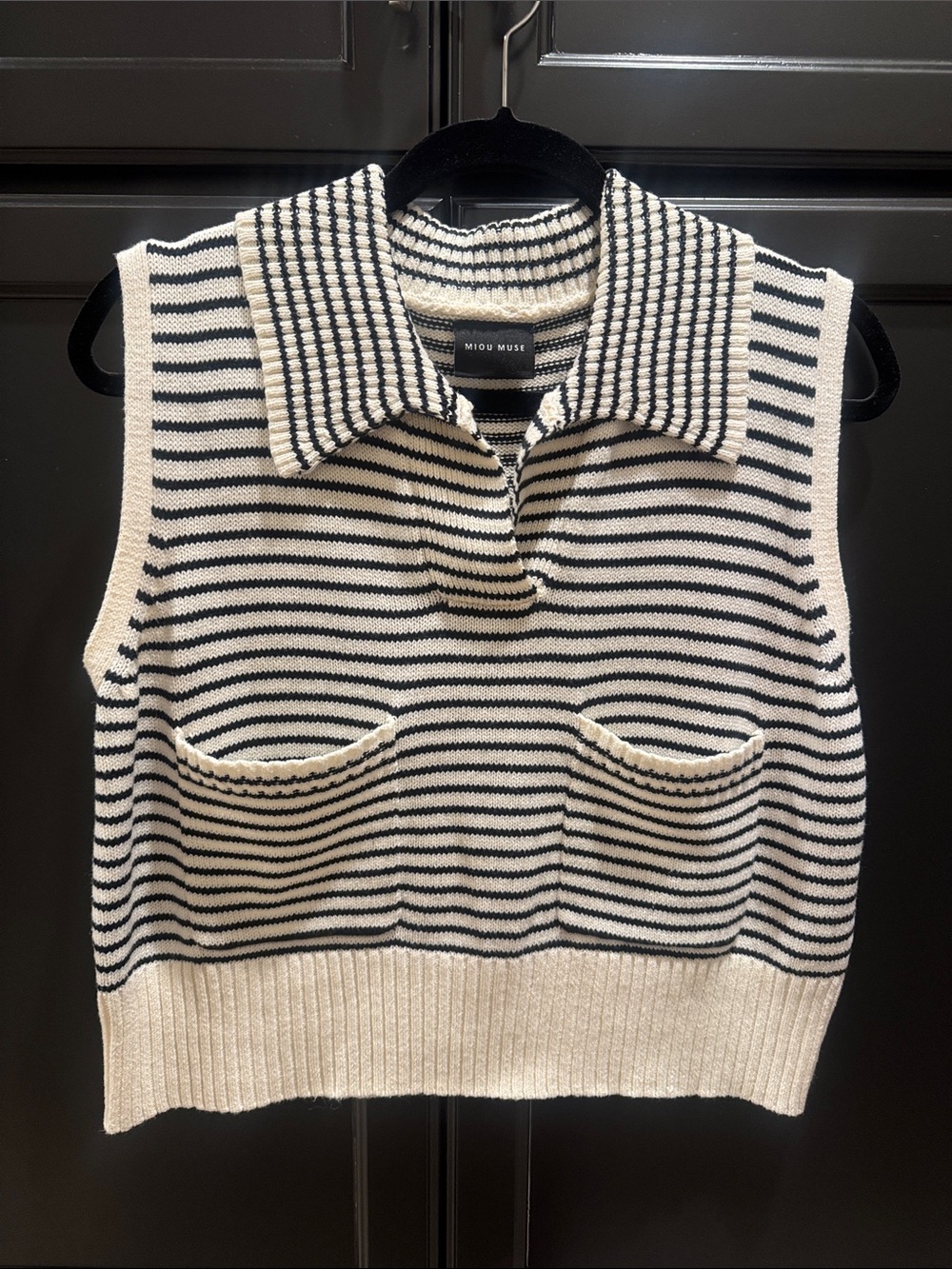 Miu Muse Black & Cream Striped Collared Knit Vest